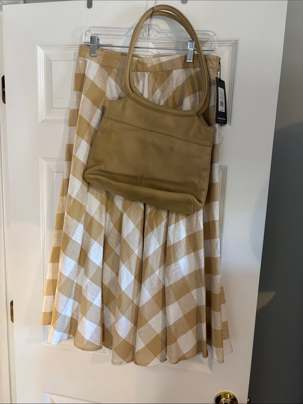 Who What Wear Tan and White Gingham Circle Skirt with Vintage Fossil Purse